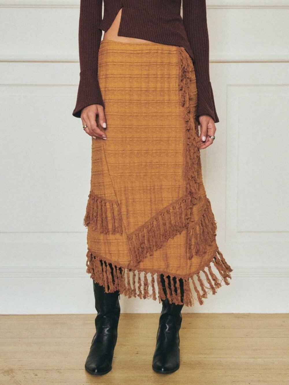 Brown Elegant Women's Fringe Midi Pencil Skirt - Picture 4 of 6